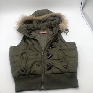 Lola Womens Puffer Vest Hoodie Zipper Front Moss Green Size Small Polyester